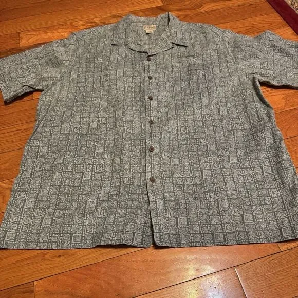 LL Bean Blue Mens XL Tribal Short‎ Sleeve Button Down Cotton Hawaiian Shirt VTG - Picture 3 of 7